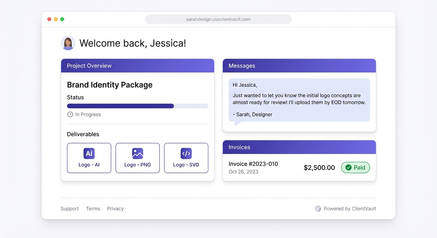 ClientVault client portal showing project files, messages, and invoices