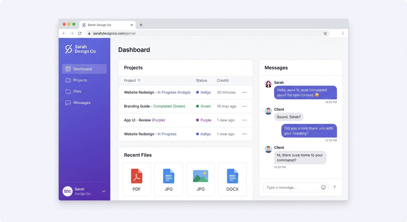 ClientVault freelancer dashboard showing projects, files, and messages